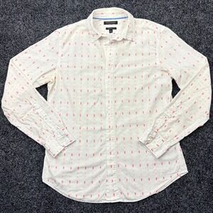 Banana Republic Mens M Grant Fit White Red Flag Print Button Shirt 177324